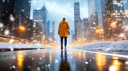 Adult man dressed in winter coat walking through snowy city streetの素材