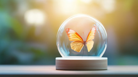 A stunning orange butterfly is showcased inside a transparent glass dome, captured against a softly lit background that evokes a sense of tranquility and beauty.の素材