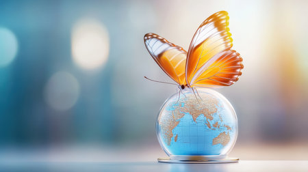 A beautiful butterfly rests gently on a globe, symbolizing the connection between nature and the world. This image captures the essence of environmental awareness and diversity, showcasing vibrant colors and delicate details that inspire reflection on our planet's beauty.の素材