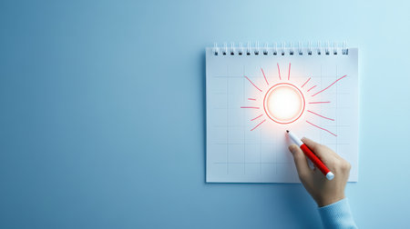A hand holds a red marker and creates a vibrant sun sketch on blank grid note paper. The light blue backdrop enhances the creative atmosphere, perfect for artistic ideas.の素材