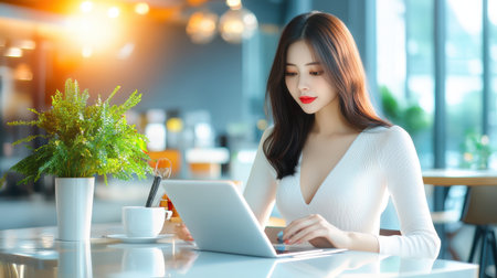 A young woman is engaged in work on a tablet in a bright cafe setting, with a green plant and coffee cup beside her, exemplifying modern lifestyle and technology.の素材