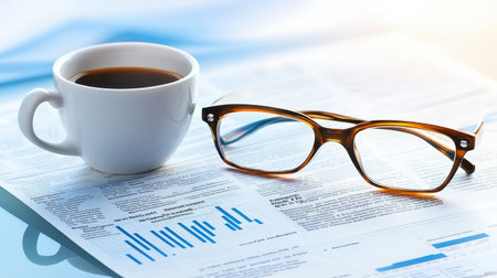 A serene business workspace featuring a cup of coffee and glasses resting on financial reports with graphs. Perfect for conveying focus and productivity.の素材
