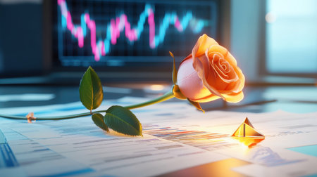 A beautiful rose placed delicately on financial documents portrays growth and prosperity, surrounded by a soft glow reflecting innovation and elegance.の素材