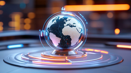 A stunning digital globe depicting the Earth with vibrant glowing elements and data visualizations. This futuristic design represents technological innovation and global connectivity, ideal for projects related to technology, science, or communication.の素材
