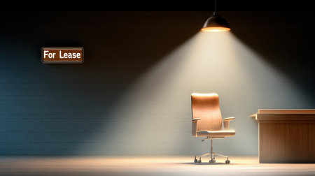 A solitary office space with a well-lit chair and desk under a soft glow, featuring a "For Lease" sign. Perfect for conveying ideas of availability and ambiance.の素材