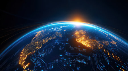 Experience a breathtaking aerial view of Earth illuminated by city lights, showcasing technological themes through a circuit board design at sunrise.の素材