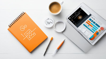 A modern workspace featuring an orange notebook, a steaming cup of coffee, a digital tablet, and writing tools, perfect for creativity and productivity.の素材