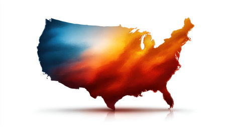 This abstract artwork features a colorful gradient representation of the United States, blending warm and cool tones to evoke emotion and creativity.の素材