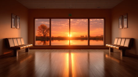 A tranquil waiting room bathed in warm light, featuring sleek benches and stunning sunset reflections over calm water. Perfect for relaxation and peace.の素材