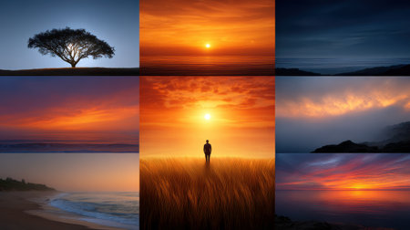 A stunning collection of sunset images showcasing silhouette trees, figures, and ocean views, emphasizing the beauty of nature at dusk. The vibrant colors blend harmoniously, creating an atmosphere of tranquility and solitude, ideal for travel and exploration themes.の素材