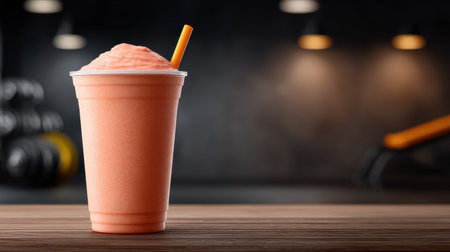 This image features a vibrant smoothie drink with an orange straw, presented on a wooden table in a sleek kitchen environment, exuding freshness and health.の素材
