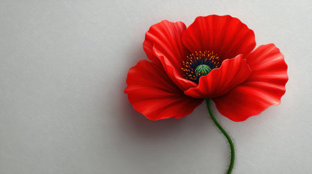 A stunning red poppy flower showcases its intricate petals and green stem against a soft background, highlighting nature's beauty and elegance in a minimalist setting.の素材