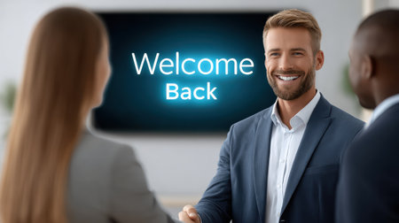 A positive office scene showcasing a professional interaction as a smiling man extends a warm welcome to returning colleagues. The modern setting enhances the atmosphere of teamwork and collaboration.の素材