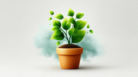 A vibrant green plant emerges from a classic pot, symbolizing growth and vitality. The light background enhances the fresh appeal, ideal for nature themes.の素材