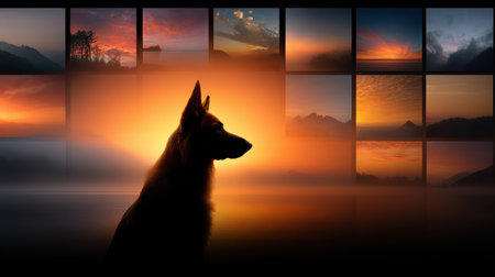 A striking silhouette of a dog features against a stunning sunset with a vivid collage of scenic backgrounds. The warm hues create a serene atmosphere.の素材