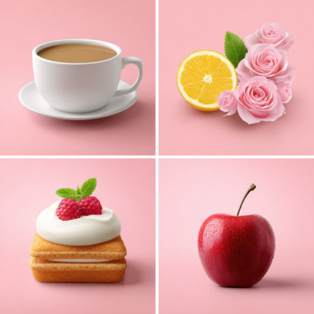 A delightful arrangement featuring a cup of coffee, fresh orange slices, soft pink roses, a creamy dessert topped with raspberries, and a bright red apple, all set against a pastel pink background, perfect for capturing the essence of a cozy morning.の素材