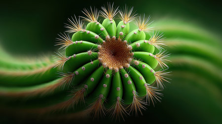 This captivating close-up image showcases a unique green cactus with striking spines and a spiraled arrangement, set against a soft green background. Perfect for nature lovers.の素材