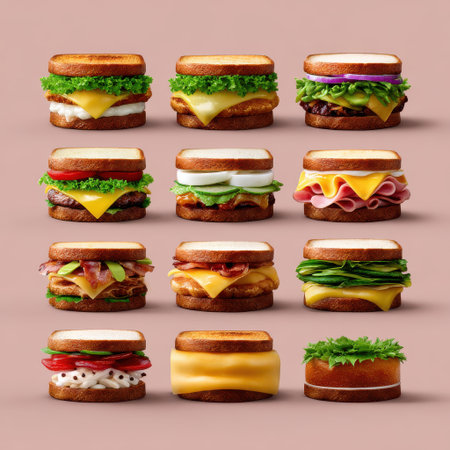 A vibrant collection of delicious sandwiches neatly arranged on a neutral background, showcasing various ingredients and textures, perfect for food enthusiasts.の素材