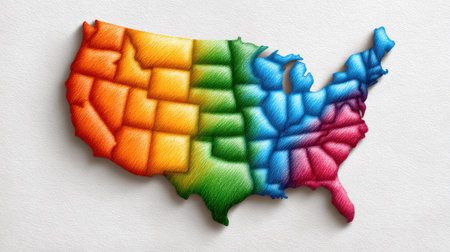 This vibrant and colorful map of the United States features geometric patterns and shades representing different regions, ideal for educational and artistic use.の素材