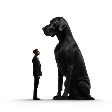 This striking image features a giant black dog and a man standing side by side on a white background, highlighting their remarkable size difference.の素材