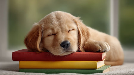 A fluffy golden retriever puppy peacefully sleeps on a stack of vibrant books, creating a heartwarming scene that embodies comfort and joy in a cozy indoor environment.の素材