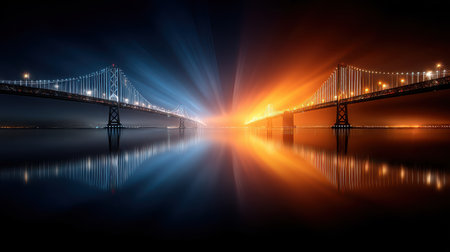This captivating nighttime image showcases two majestic bridges illuminated with colorful lights, casting stunning reflections over calm waters, creating a serene atmosphere.の素材