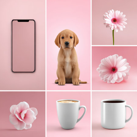 A charming arrangement featuring a cute puppy, beautifully arranged flowers, and steaming coffee cups against a soft pink backdrop. This image evokes warmth and joy.の素材
