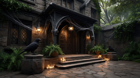 Experience the haunting beauty of a gothic house entrance enveloped in lush green foliage and softly flickering candlelight, creating an enchanting atmosphere.の素材