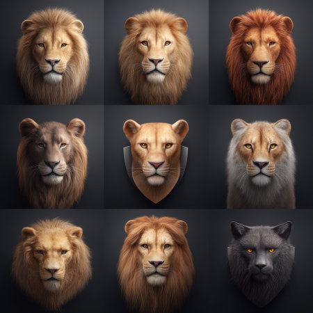 A collection of stunning lion portraits showcasing the beauty and grandeur of these majestic creatures, highlighting their expressions and detailed features.の素材