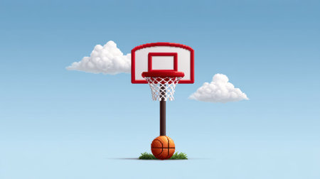 This digital illustration features a basketball hoop with a ball positioned below it, set against a clear blue sky and fluffy clouds. Perfect for sports-themed projects!の素材