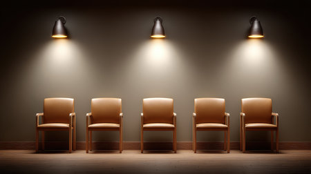 A stylish empty waiting area featuring modern leather chairs and soft lighting. The warm tones and thoughtful design create a soothing atmosphere suitable for relaxation.の素材