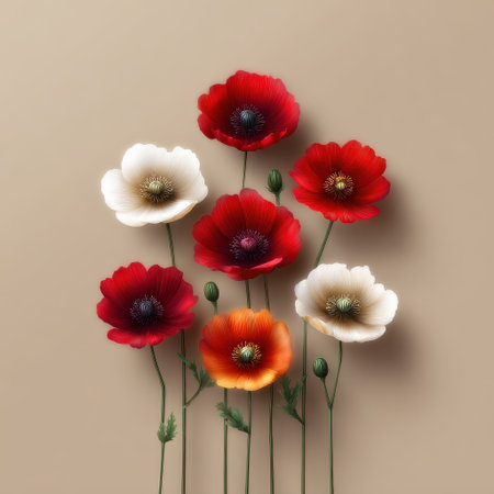 A stunning display of colorful anemone flowers featuring red, white, and orange hues against a soft beige background, perfect for enhancing any decor.の素材