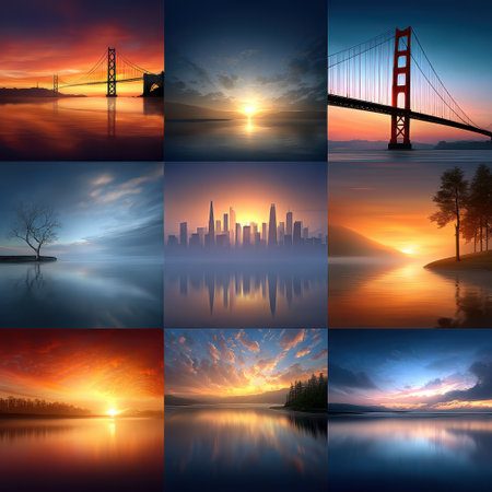 Explore a serene collection of sunset landscapes featuring stunning colors and calming reflections over water and iconic city skylines in this breathtaking collage.の素材