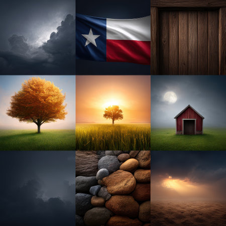 A stunning collage showcasing the diverse beauty of Texas landscapes, featuring dramatic clouds, a vibrant sunset, a rustic barn, a single tree, and smooth stones.の素材