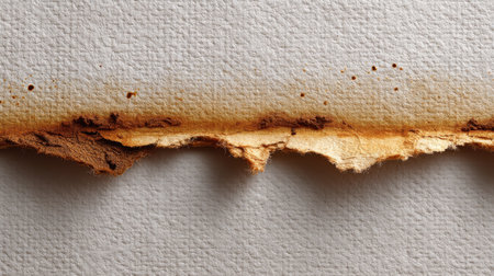 This image features a textured background showcasing a torn edge with brown stains on white paper, ideal for creative design projects and artistic applications.の素材