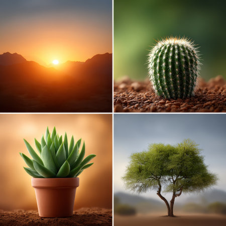 A stunning collection of succulents and cacti, capturing the essence of nature with radiant sunlight, diverse greenery, and a serene landscape that inspires tranquility.の素材