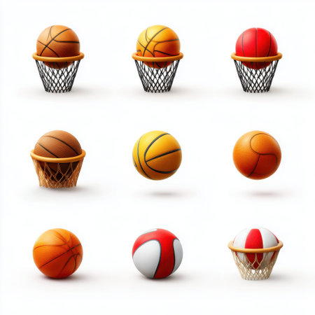 A stunning arrangement of colorful basketballs displayed creatively on a clean white background, showcasing various designs and vibrant colors. Perfect for sports-related themes.の素材