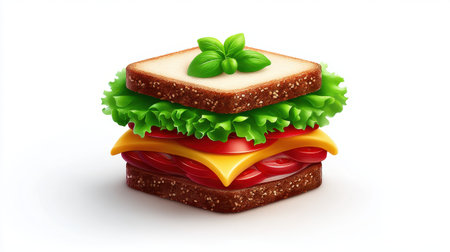 A mouth-watering sandwich showcasing vibrant layers of fresh lettuce, ripe tomato, and cheese between two slices of brown bread, set against a clean backdrop.の素材