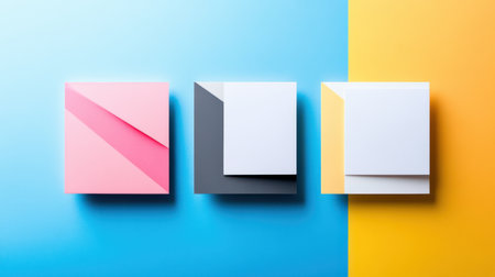 This image features a vibrant arrangement of colorful sticky notes in pink, gray, and white, set against a striking blue and yellow background. Ideal for design and organization.の素材