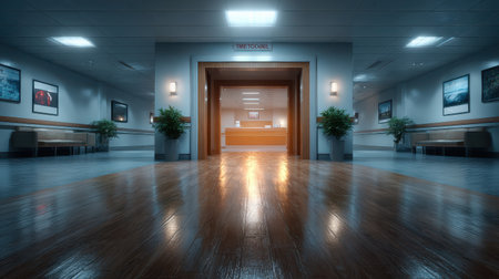 A spacious and inviting hospital corridor features polished wooden flooring, soft lighting, and stylish decor, creating a professional and calming atmosphere.の素材