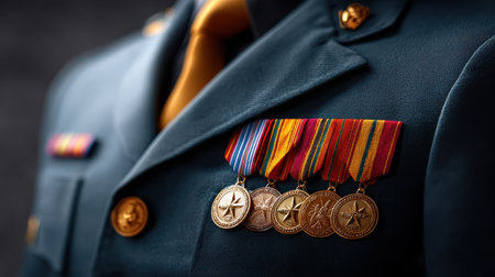 Close-up view of a military uniform showcasing several medals with colorful ribbons, symbolizing honor and dedication to service and achievement.の素材