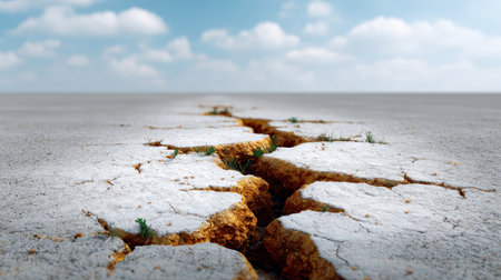 This image showcases a cracked dry earth surface with patches of green grass emerging, set against a backdrop of a blue sky with clouds, emphasizing nature's resilience.の素材