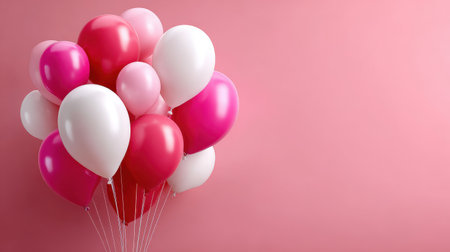 A vibrant collection of balloons in shades of pink, red, and white floats against a soft pink background, perfect for adding a festive touch to any celebration or event.の素材
