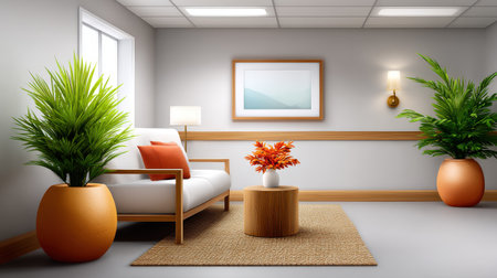 This inviting modern interior showcases a minimalist design with a cozy seating area, potted plants, and warm decor details, perfect for relaxation.の素材