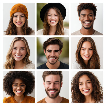 A vibrant collage of smiling individuals representing diverse backgrounds and styles. Each person exudes happiness and joy, captured in a light-filled environment.の素材