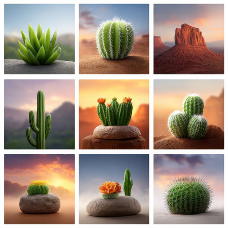 A stunning array of cacti and succulents showcased in a picturesque desert setting, capturing the essence of vibrant nature under a scenic sunset.の素材