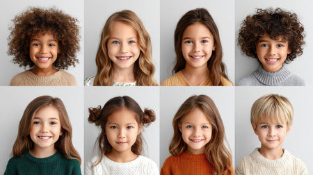 A vibrant collection of joyful children showcasing their unique smiles and diverse backgrounds, radiating happiness in a studio setting.の素材