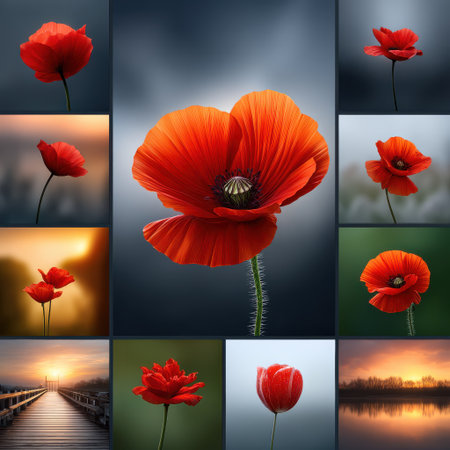A stunning collage featuring vibrant red poppies showcased in various artistic styles, accompanied by serene backgrounds and soft textures that enhance their beauty.の素材