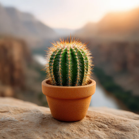 A vibrant green cactus with sharp spines is positioned in a clay pot on a rocky surface at sunset, showcasing nature's beauty and tranquility.の素材