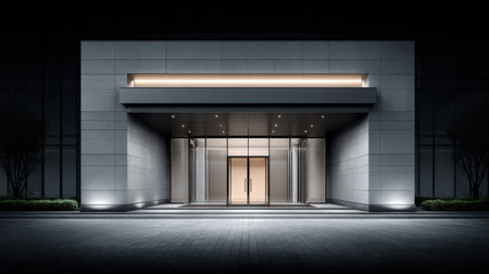 Corporate building entrance lit at night, soft shadows, glass doors, modern design, empty space foregroundの素材